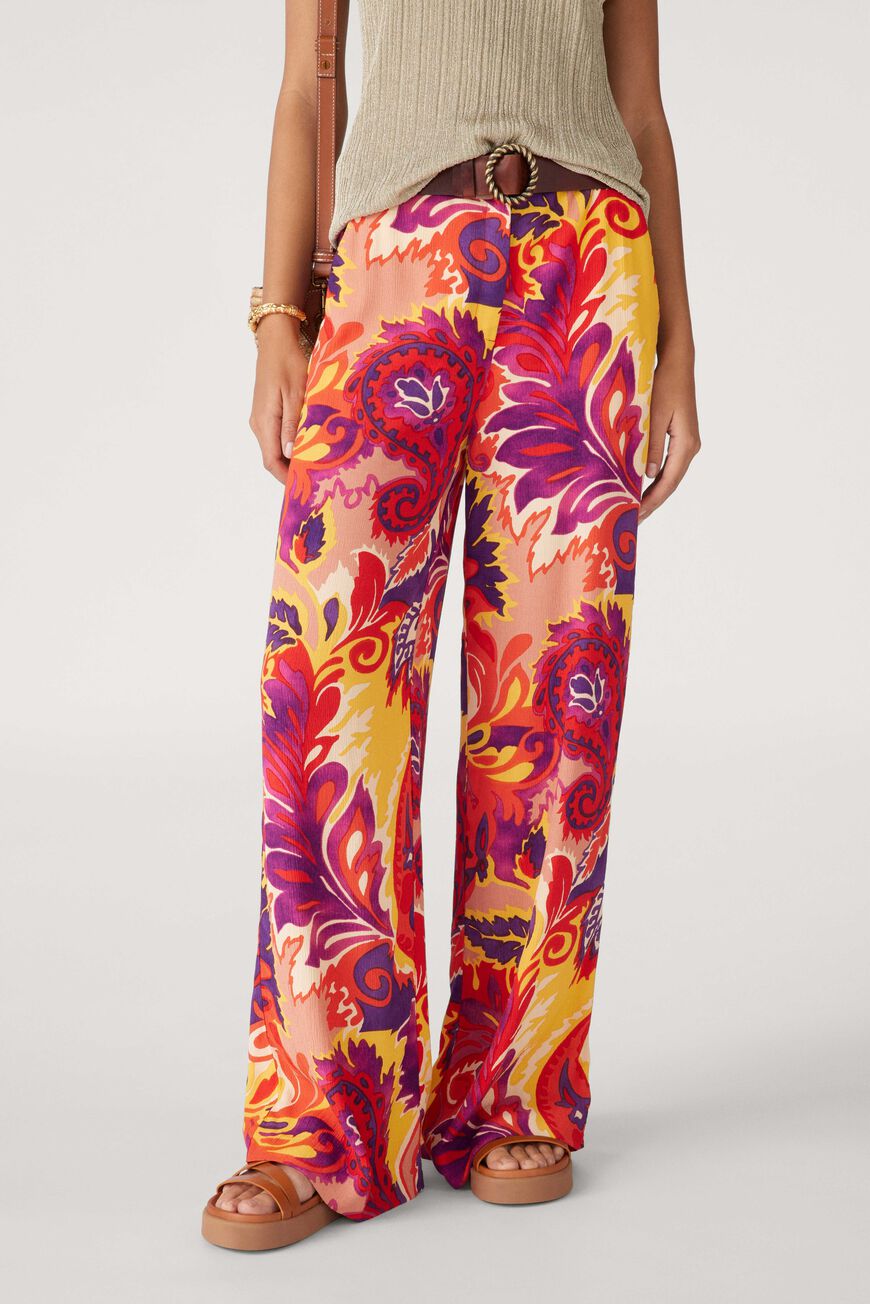 Bright purple, pink, orange and yellow wide leg trousers