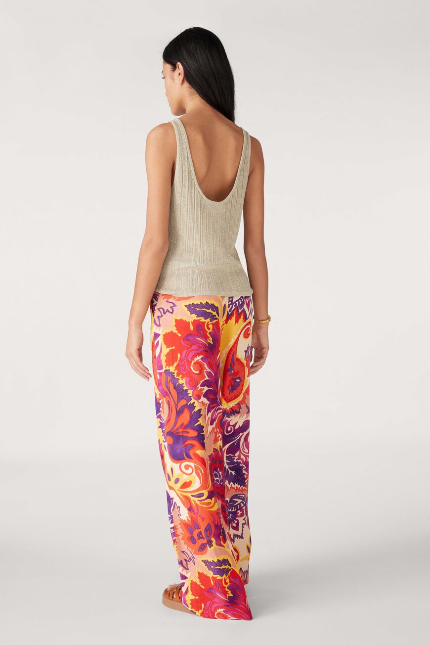 Bright purple, pink, orange and yellow wide leg trousers