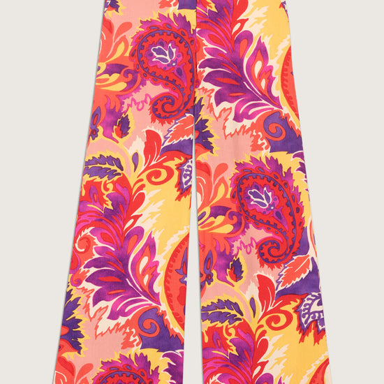 Bright purple, pink, orange and yellow wide leg trousers