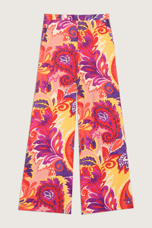 Bright purple, pink, orange and yellow wide leg trousers