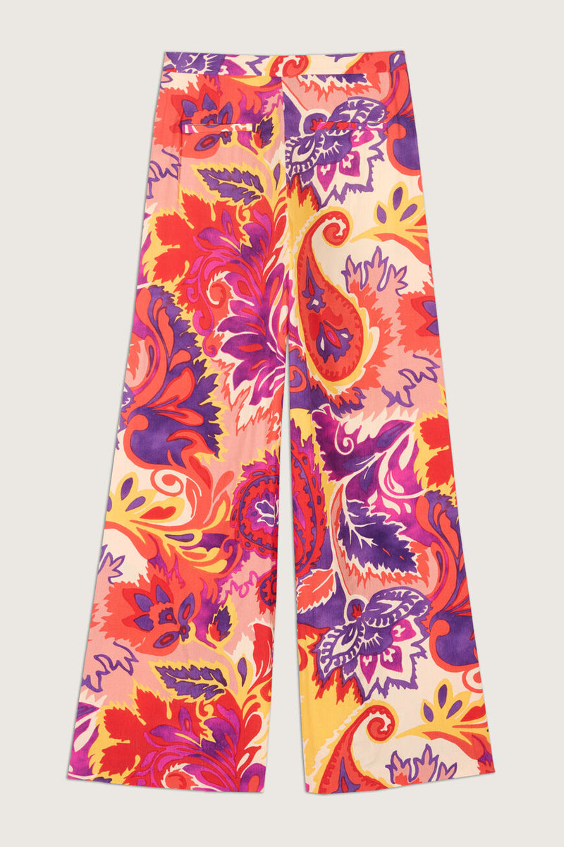 Bright purple, pink, orange and yellow wide leg trousers