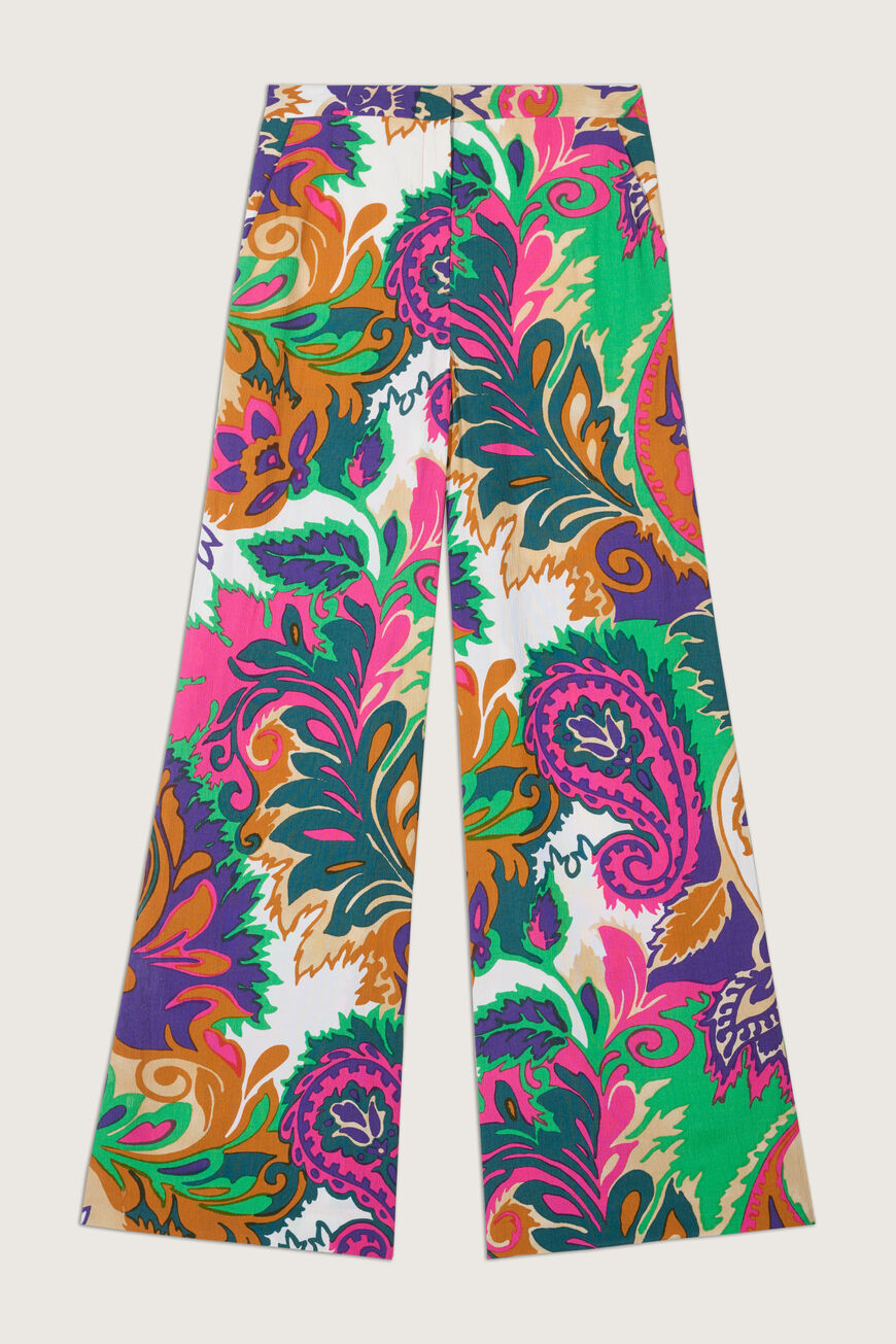 Bright pink purple green and orange wide leg trousers