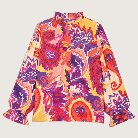 Button through blouse with long sleeves ruffle collar in a vibrant paisley inspired orange yellow and purple print