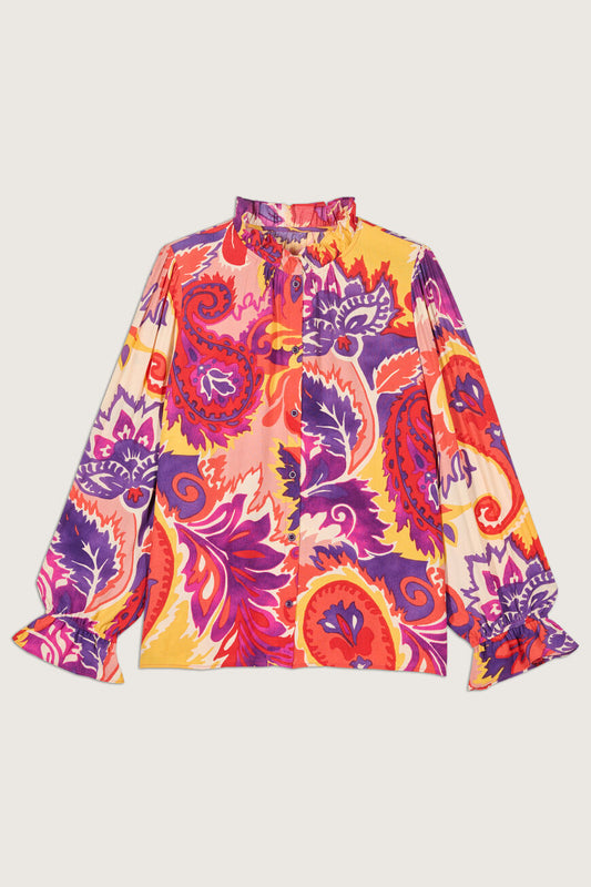 Button through blouse with long sleeves ruffle collar in a vibrant paisley inspired orange yellow and purple print