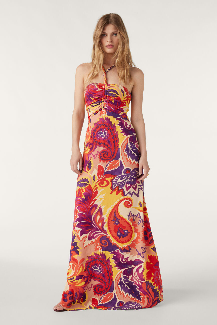 Maxi dress with bsutier design and adjustable drawstring necktie in purple orange red and pink paisley print