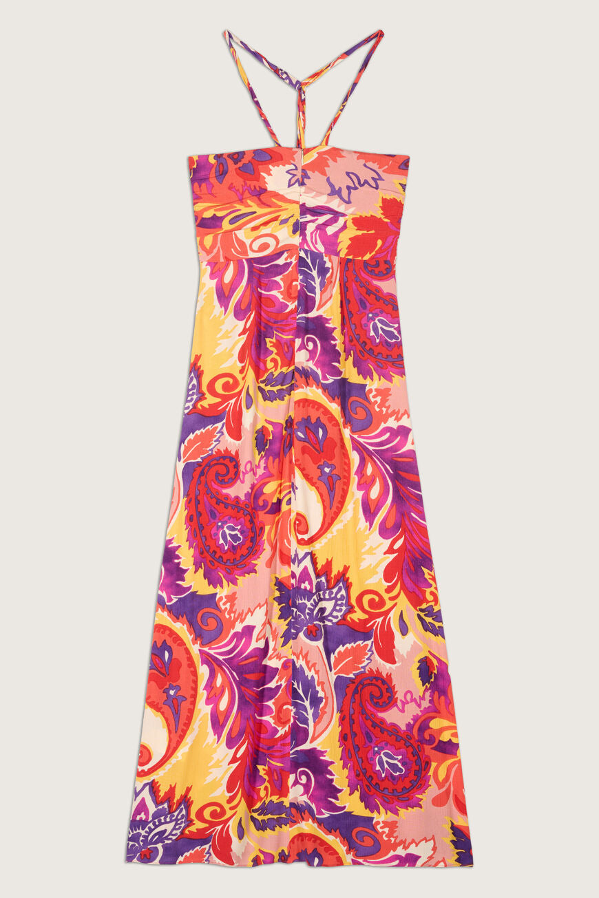 Maxi dress with bsutier design and adjustable drawstring necktie in purple orange red and pink paisley print