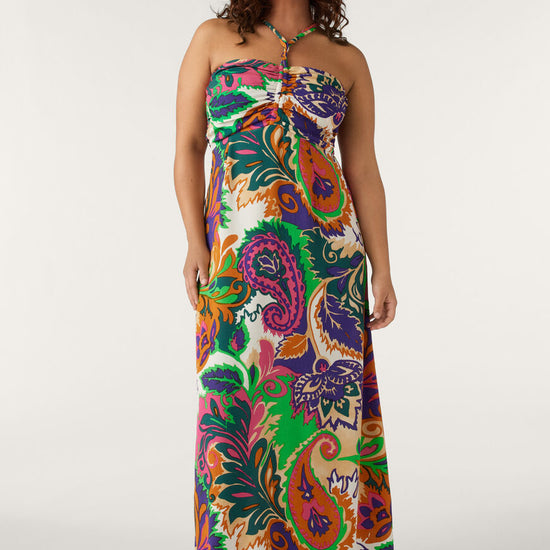 Paisley maxi dress with green orange purple and pink with bustier cut and drawstring necktie