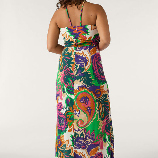 Paisley maxi dress with green orange purple and pink with bustier cut and drawstring necktie