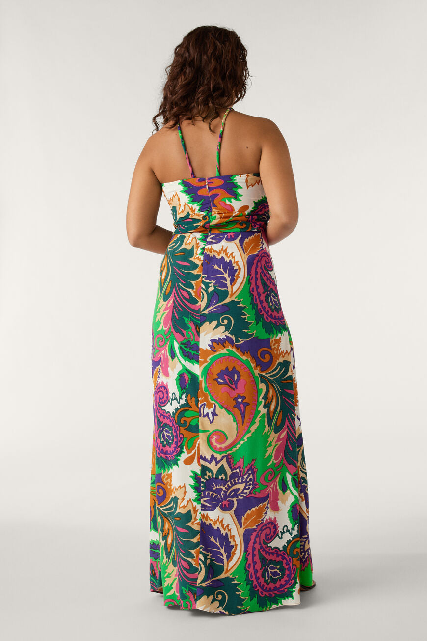 Paisley maxi dress with green orange purple and pink with bustier cut and drawstring necktie