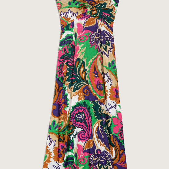 Paisley maxi dress with green orange purple and pink with bustier cut and drawstring necktie