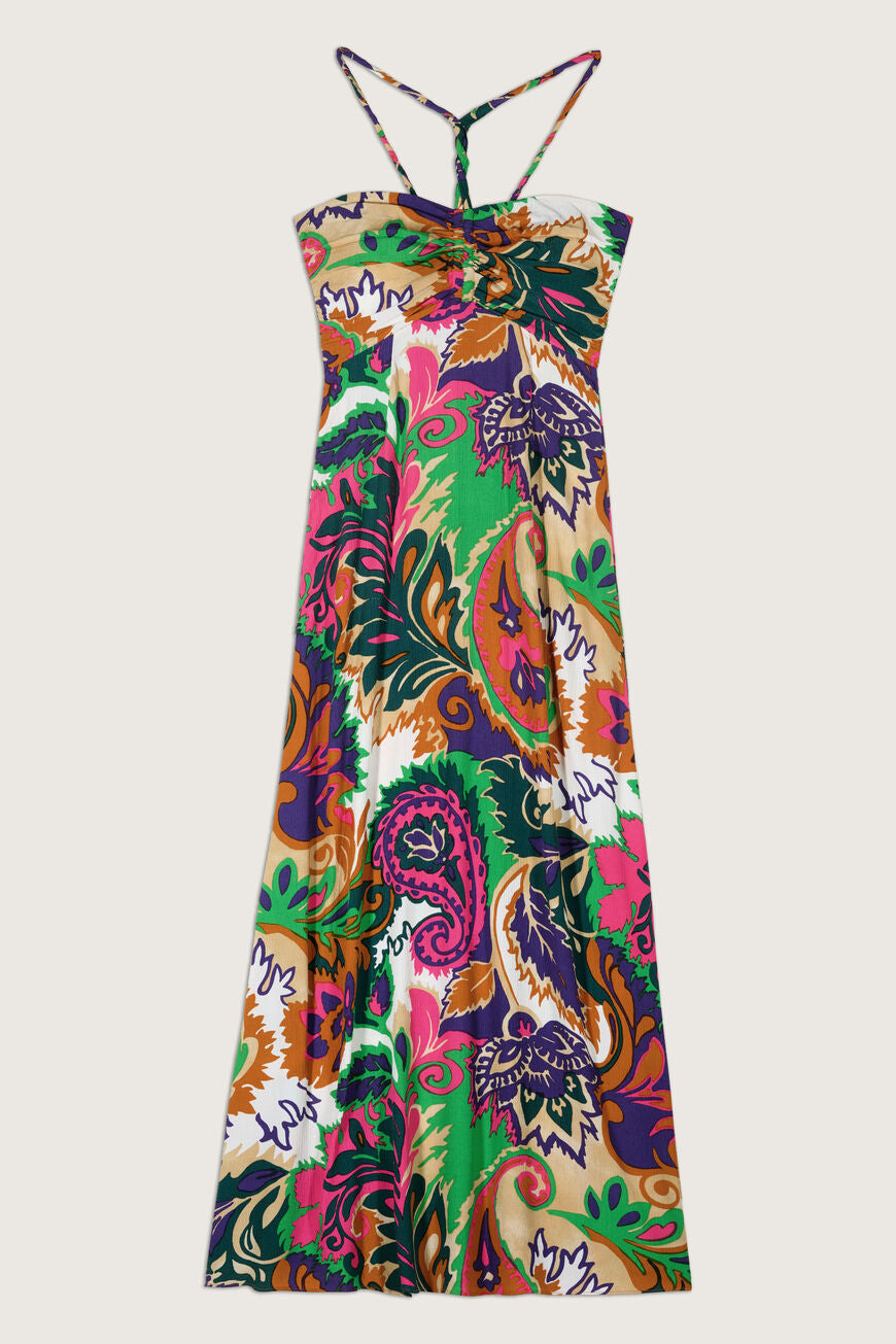 Paisley maxi dress with green orange purple and pink with bustier cut and drawstring necktie