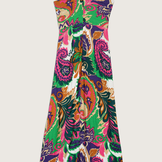 Paisley maxi dress with green orange purple and pink with bustier cut and drawstring necktie