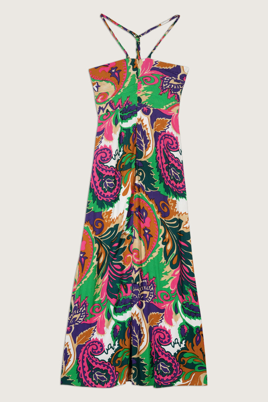 Paisley maxi dress with green orange purple and pink with bustier cut and drawstring necktie