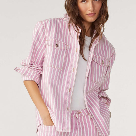 Rose and white vertical striped denim style jacket with silver metallic button fastening and long sleeves