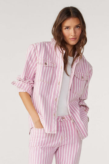 Rose and white vertical striped denim style jacket with silver metallic button fastening and long sleeves