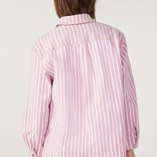 Rose and white vertical striped denim style jacket with silver metallic button fastening and long sleeves