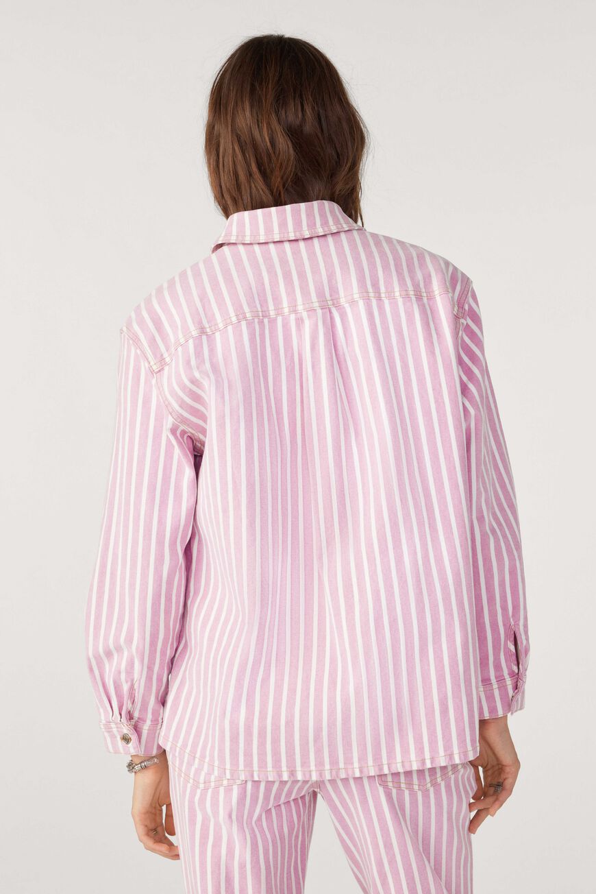 Rose and white vertical striped denim style jacket with silver metallic button fastening and long sleeves