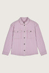 Rose and white vertical striped denim style jacket with silver metallic button fastening and long sleeves