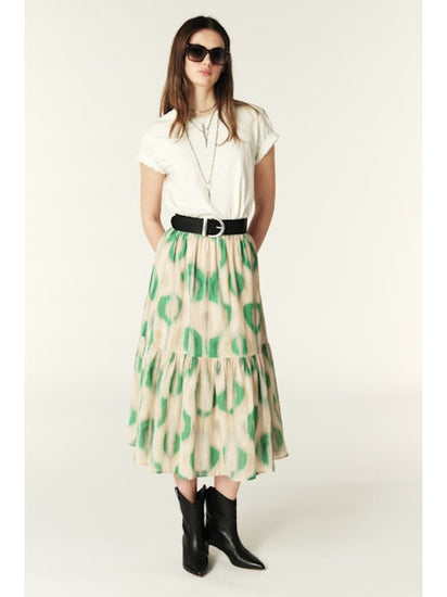 tiered skirt with green and ecru print