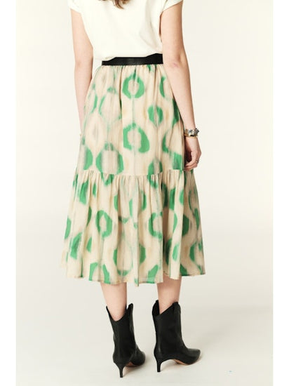 tiered skirt with green and ecru print rear view