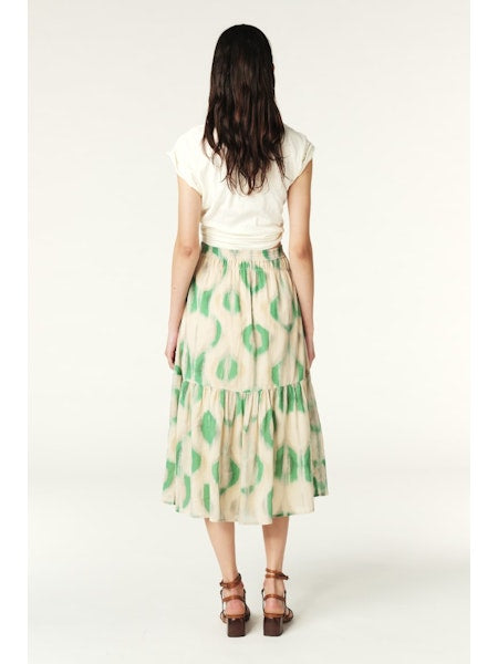 tiered skirt with green and ecru print rear view