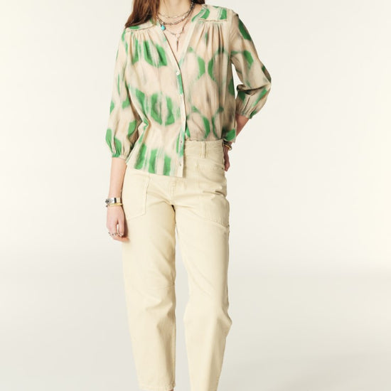 ecru and green bohemian print shirt with v-neck and elasticated cuffs