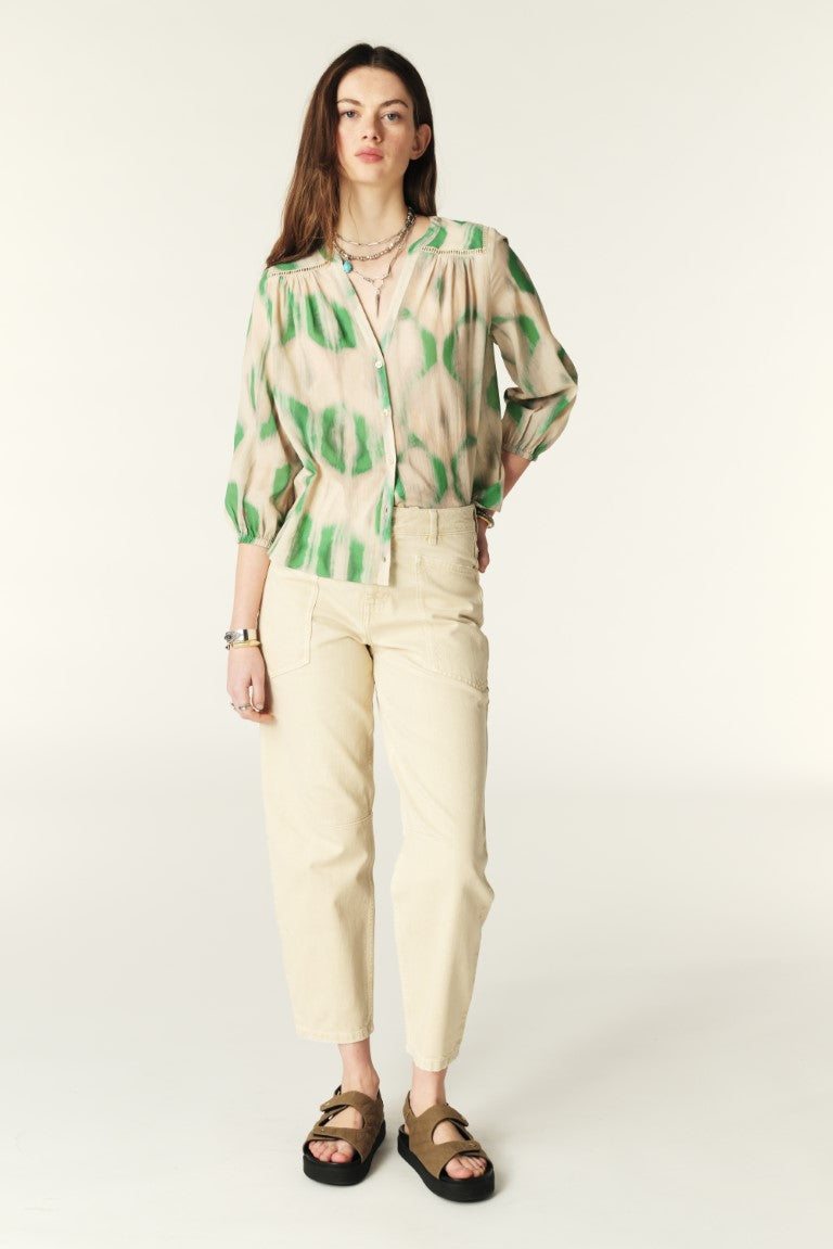 ecru and green bohemian print shirt with v-neck and elasticated cuffs