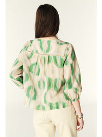 ecru and green bohemian print shirt with v-neck and elasticated cuffs rear view