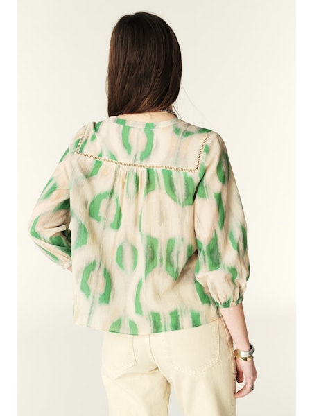 ecru and green bohemian print shirt with v-neck and elasticated cuffs rear view