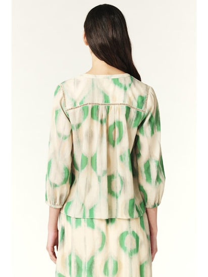 ecru and green bohemian print shirt with v-neck and elasticated cuffs rear view