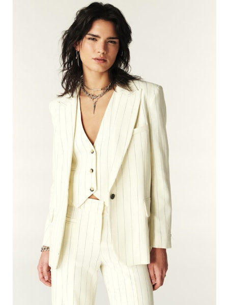 ecru pinstripe blazer with shoulder pads and single breasted 