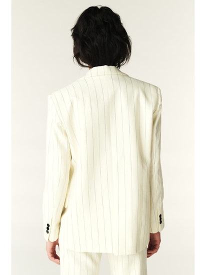 ecru pinstripe blazer with shoulder pads and single breasted rear view