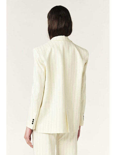 ecru pinstripe blazer with shoulder pads and single breasted rear view