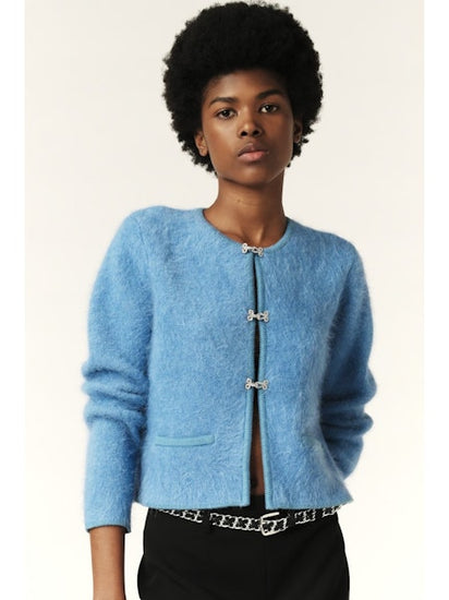 Blue edge to edge cardigan with diamonte detail fastenings