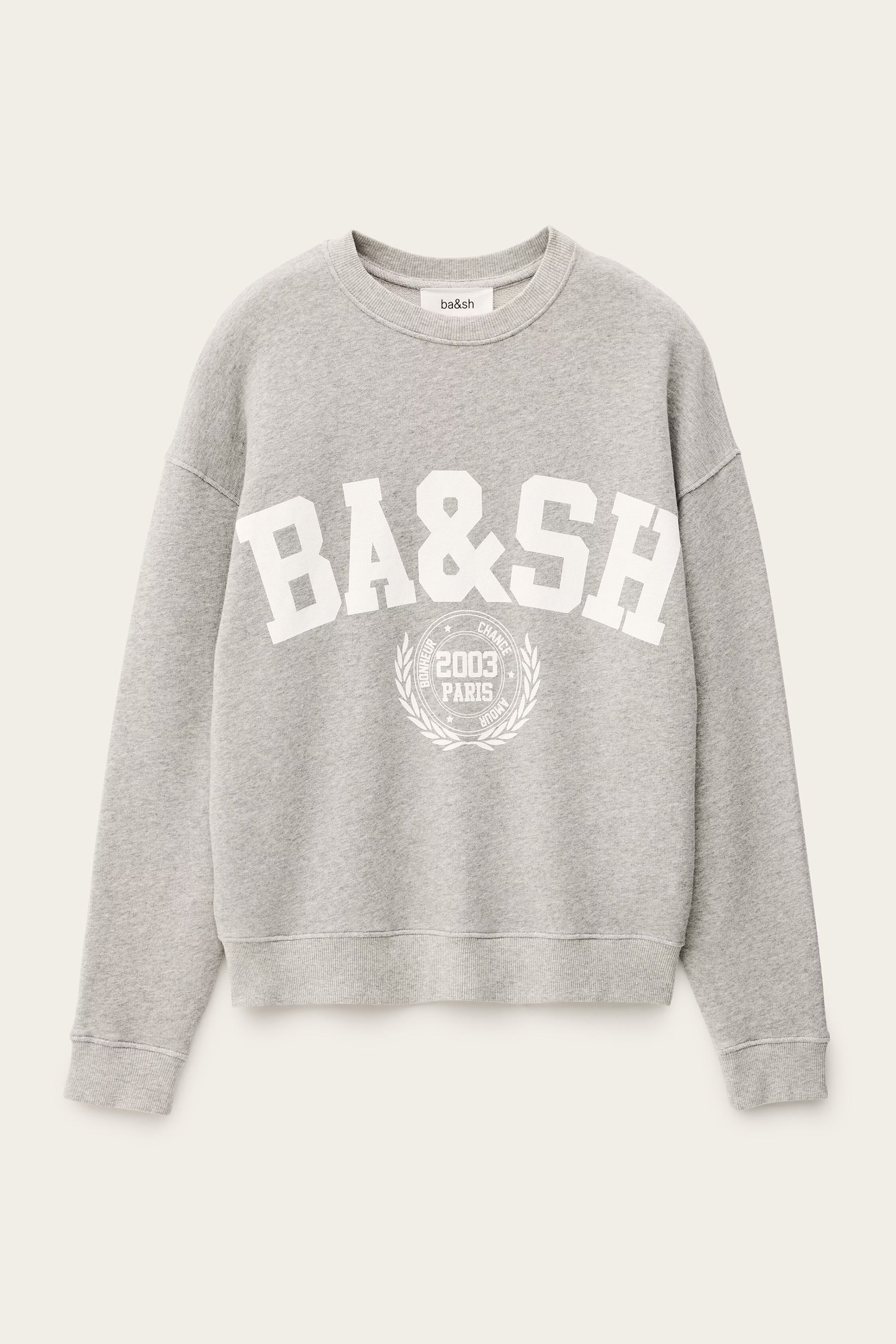 grey sweatshirt with white graphic