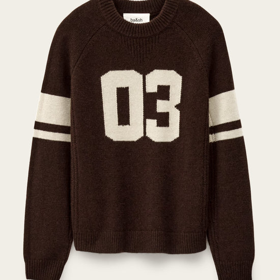 brown cashmere round neck sweater with 03 on front