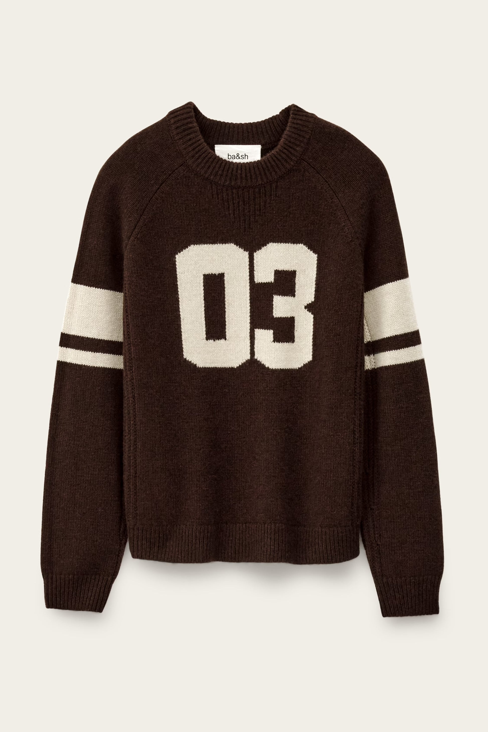 brown cashmere round neck sweater with 03 on front