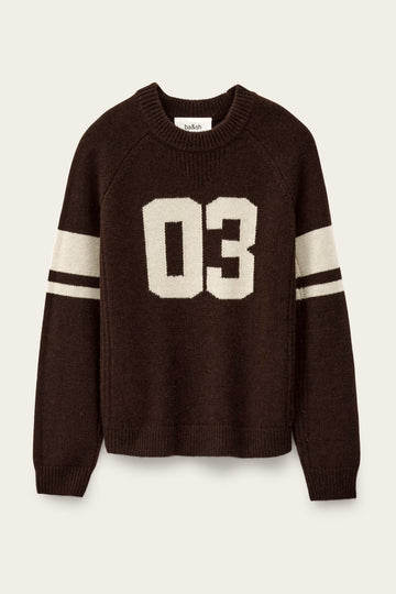 brown cashmere round neck sweater with 03 on front