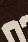 brown cashmere round neck sweater with 03 on front close up