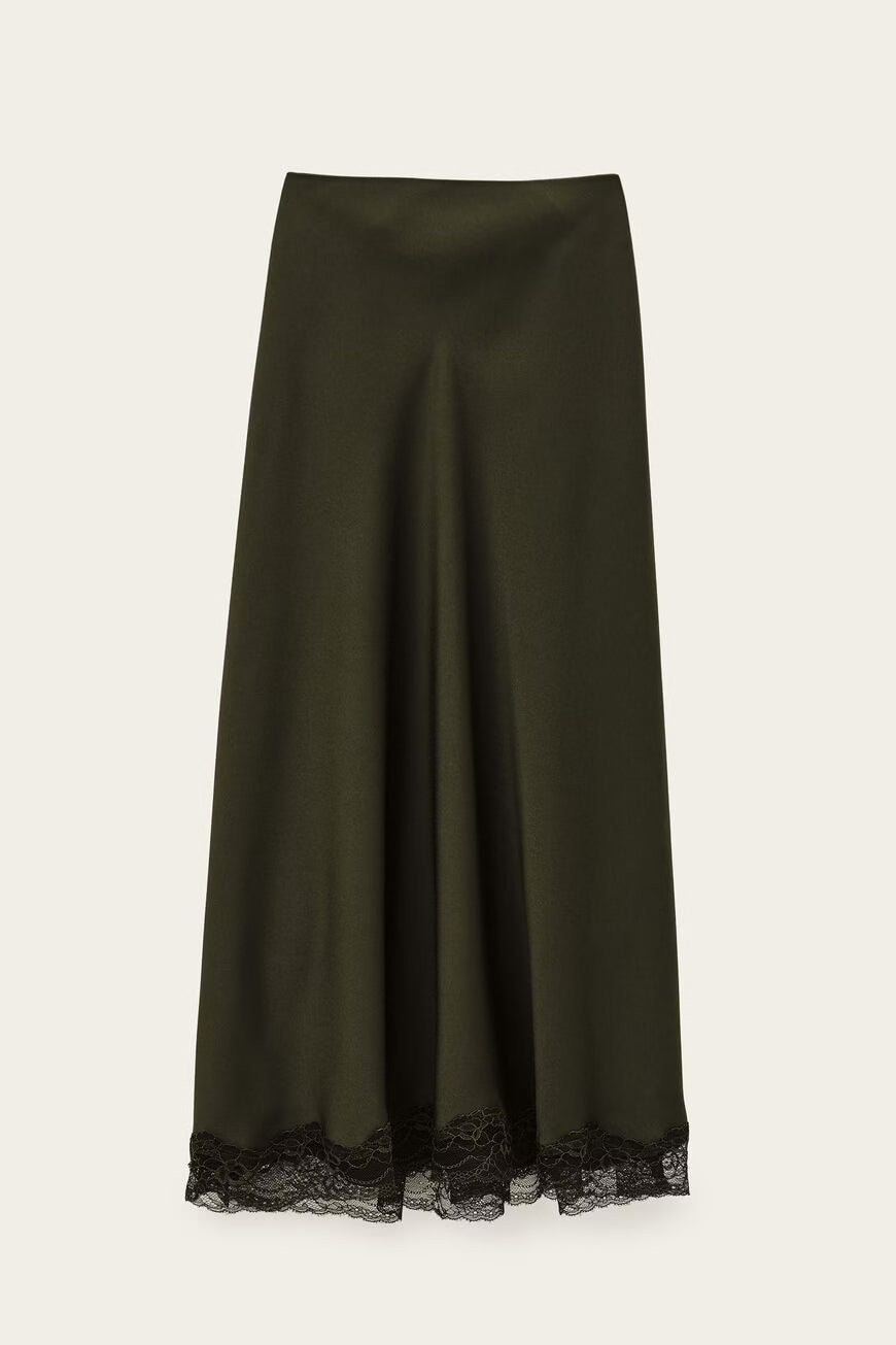 Green satin slip skirt with lace details from ba&sh
