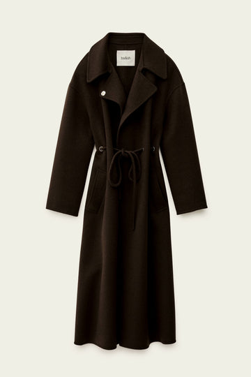 Brown wool coat with tie belt