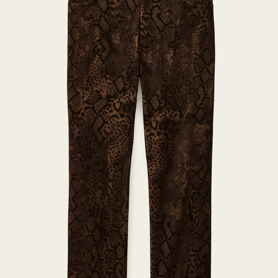 Brown snake print pants on a white background