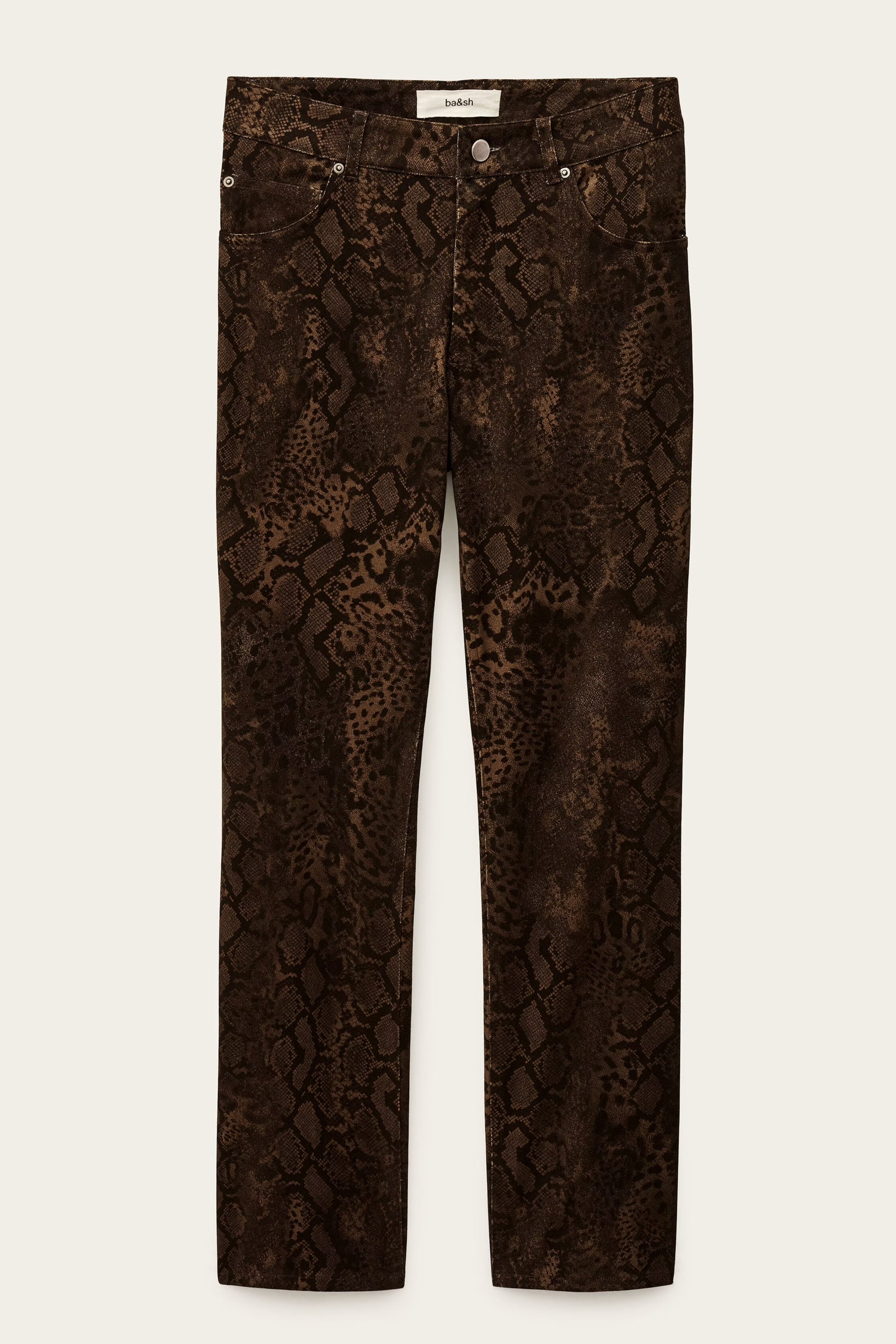 Brown snake print pants on a white background