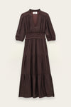 A dark brown tiered midi dress with three-quarter puff sleeves, a smocked waist, and a deep V-neckline, shown flat against a light beige background.