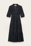 A black tiered midi dress with three-quarter sleeves and a smocked waist, shown flat against a light beige background.