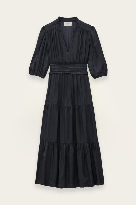 A black tiered midi dress with three-quarter sleeves and a smocked waist, shown flat against a light beige background.