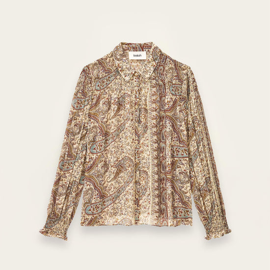 Blue and brown paisley shirt on a white background