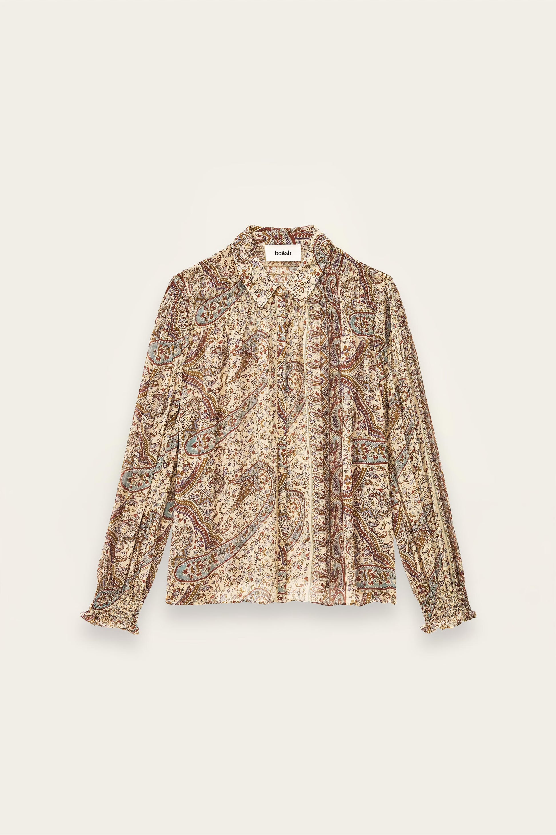 Blue and brown paisley shirt on a white background