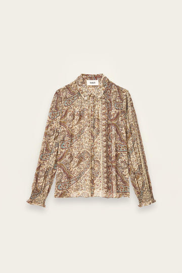 Blue and brown paisley shirt on a white background