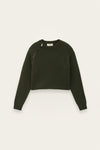 An olive green cropped knit sweater with long sleeves and diagonal shoulder seams, displayed flat against a light off-white background.